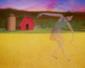 Landscape Art Gouache Paper Painting Farm Woman Floating Dancing Above Field by Tom Owen