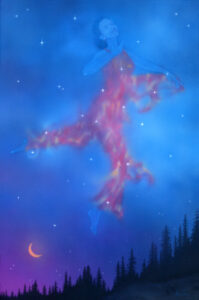 Landscape Art Gouache Painting Paper Woman Floating in Sky and Stars by Tom owen